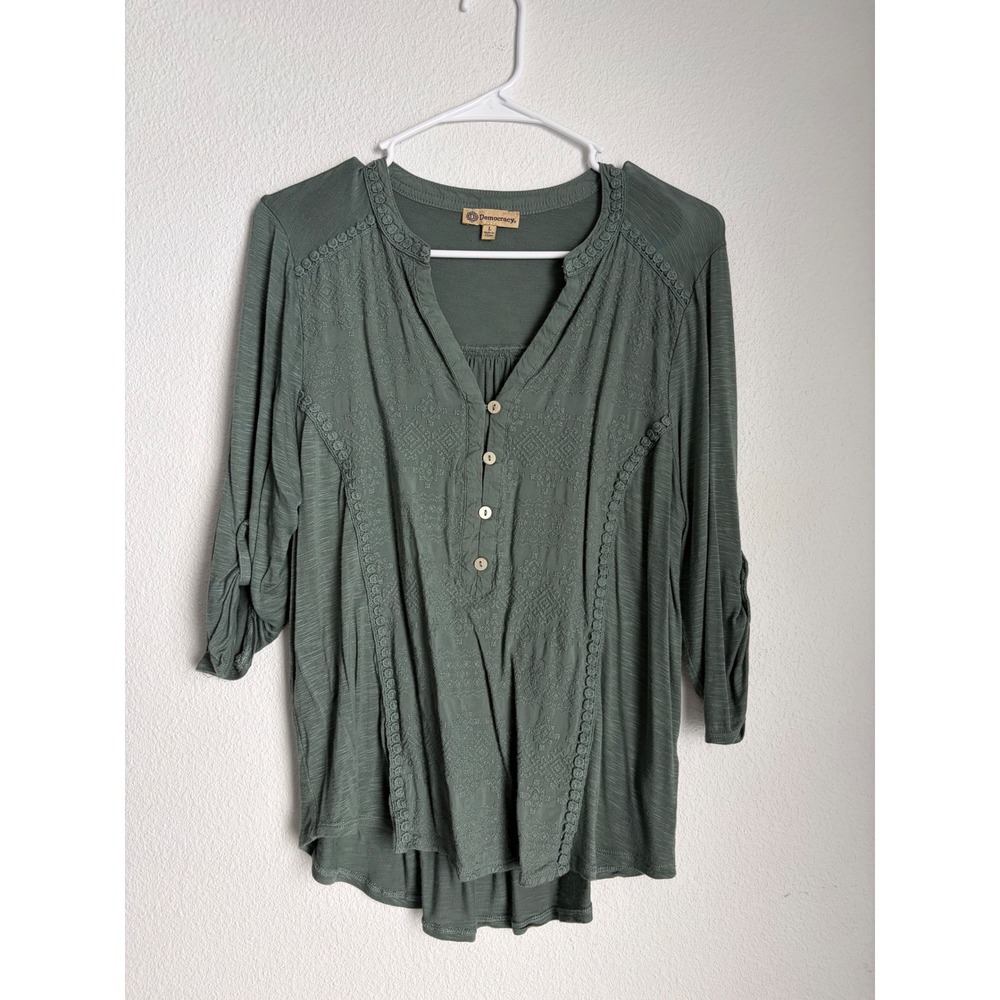 Democracy Green Embroidered‎ Henley Blouse 3/4 Roll Tab Sleeve Slub Knit Top L